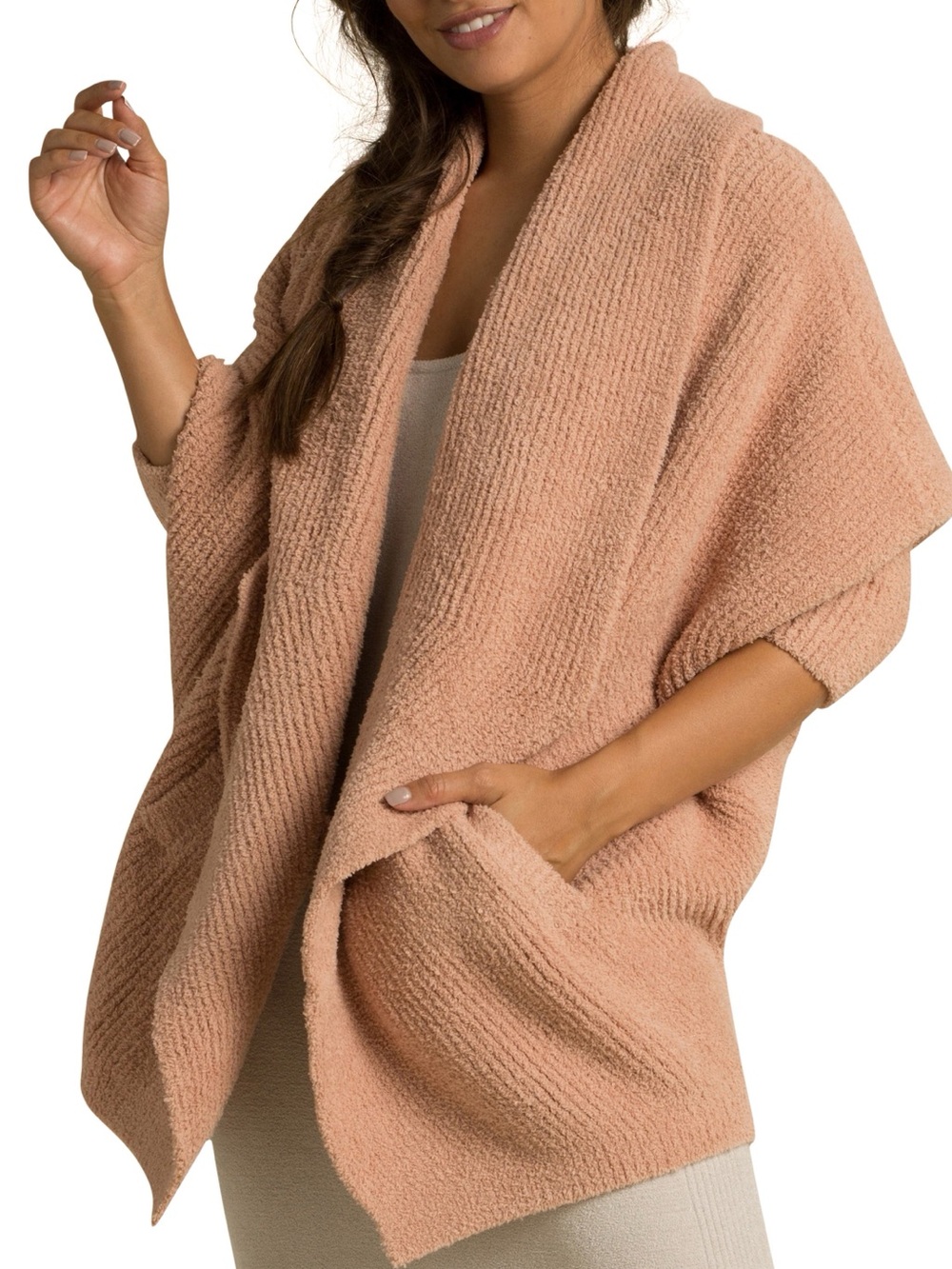 Barefoot Dreams Cozytwist Chevron Ribbed Cardigan with Pockets Misty Rose L/XL